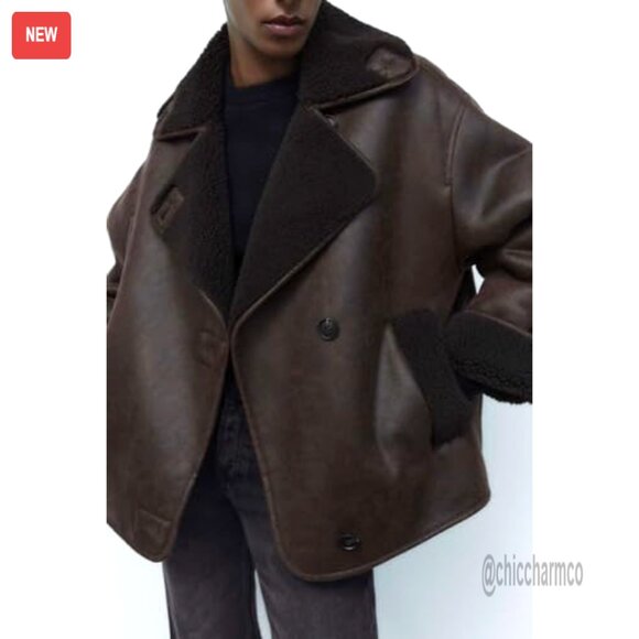 Sherpa Lined Faux Leather Jacket Oversized Motorcycle Style Winter Casual - Picture 4 of 6